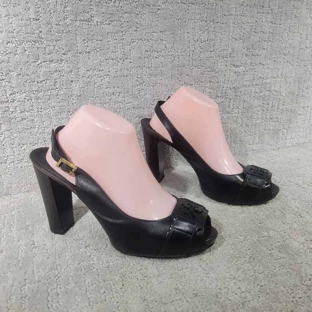 Tory Burch Tennyson Women's Size US 9.5 M Black Leather Slingback Heels Sandals.